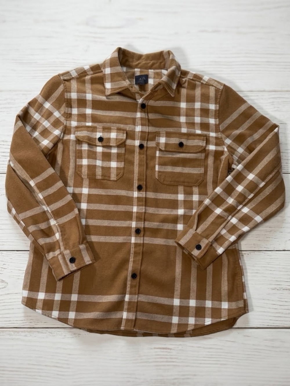 H&M Mens Large Shacket Overshirt Mustard Camel Plaid Flannel Button Up Jacket L